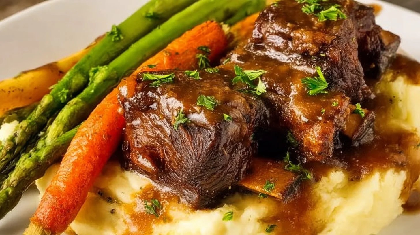 Deliciously cooked crock pot beef short ribs served with sauce