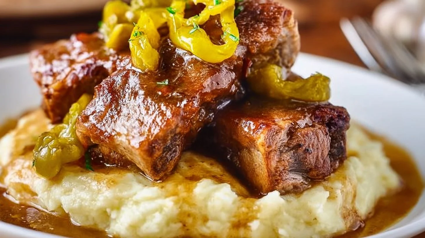 Crock Pot Mississippi Country Style Ribs served with sides on a dinner plate.