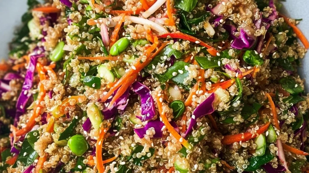 Delicious Crunchy Asian Quinoa Salad with fresh vegetables and sesame dressing