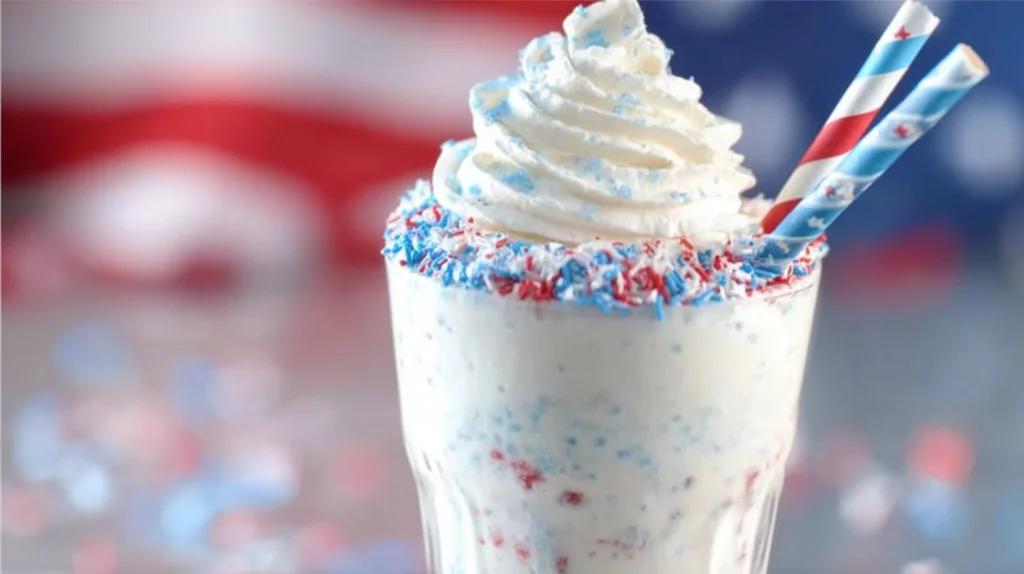 Cute and festive vanilla bean milkshake with whipped cream and sprinkles