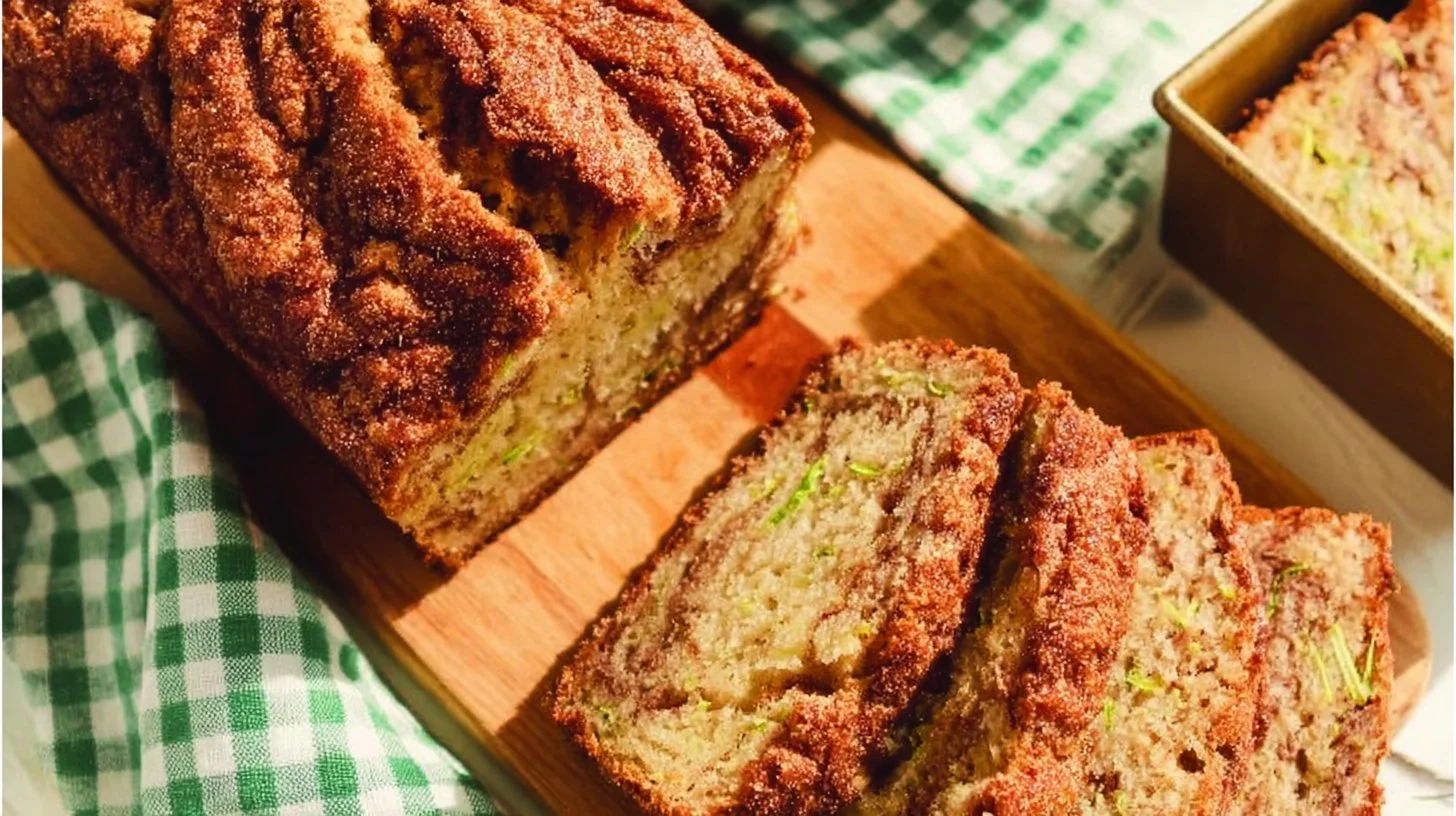 Loaf of delicious cinnamon swirl zucchini bread on a wooden cutting board