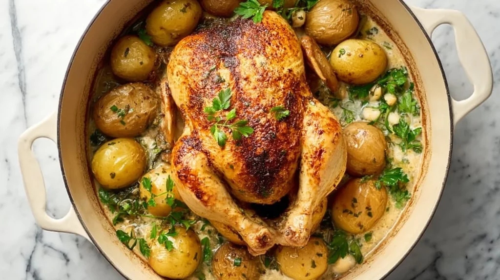 Perfectly cooked Dutch Oven Roast Chicken with crispy skin and juicy meat.