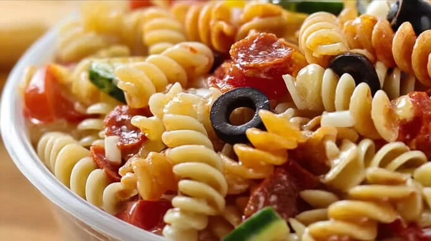 Bowl of easy and delicious Italian pasta salad with fresh vegetables and dressing