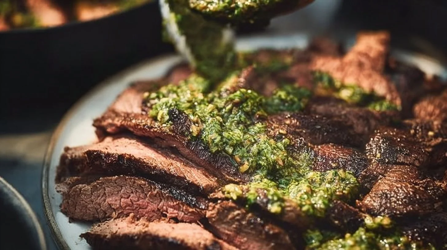 Easy Argentinean marinated flank steak served on a plate with herbs