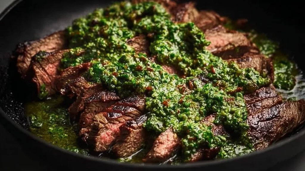 Delicious Argentinian marinated flank steak on a grill.