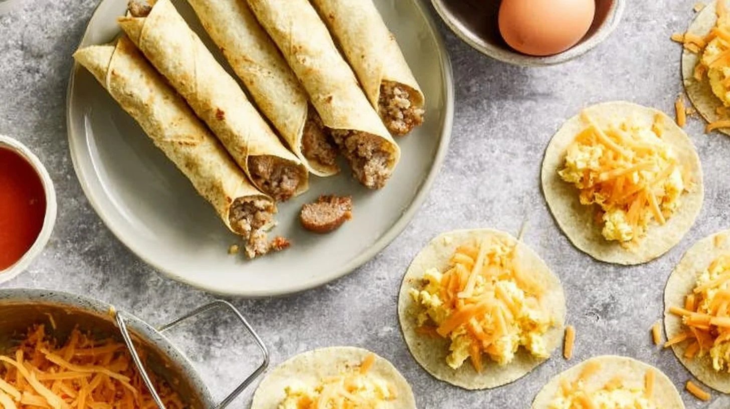 Easy Breakfast Taquitos 2 Plate of easy breakfast taquitos filled with eggs, cheese, and salsa.