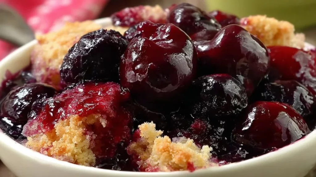 Delicious homemade cherry cobbler served in a baking dish