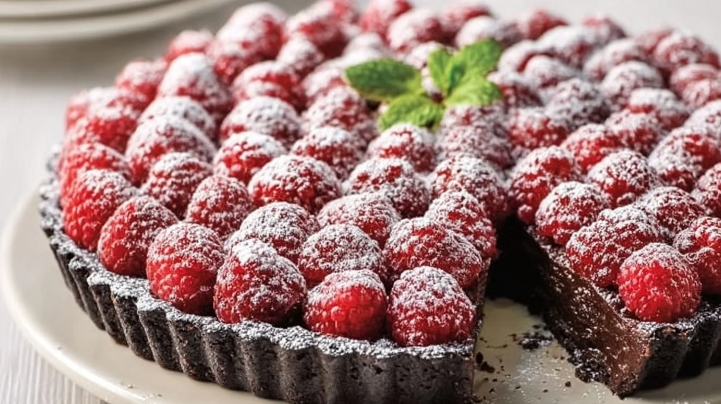 Delicious easy chocolate raspberry tart garnished with fresh raspberries and chocolate.