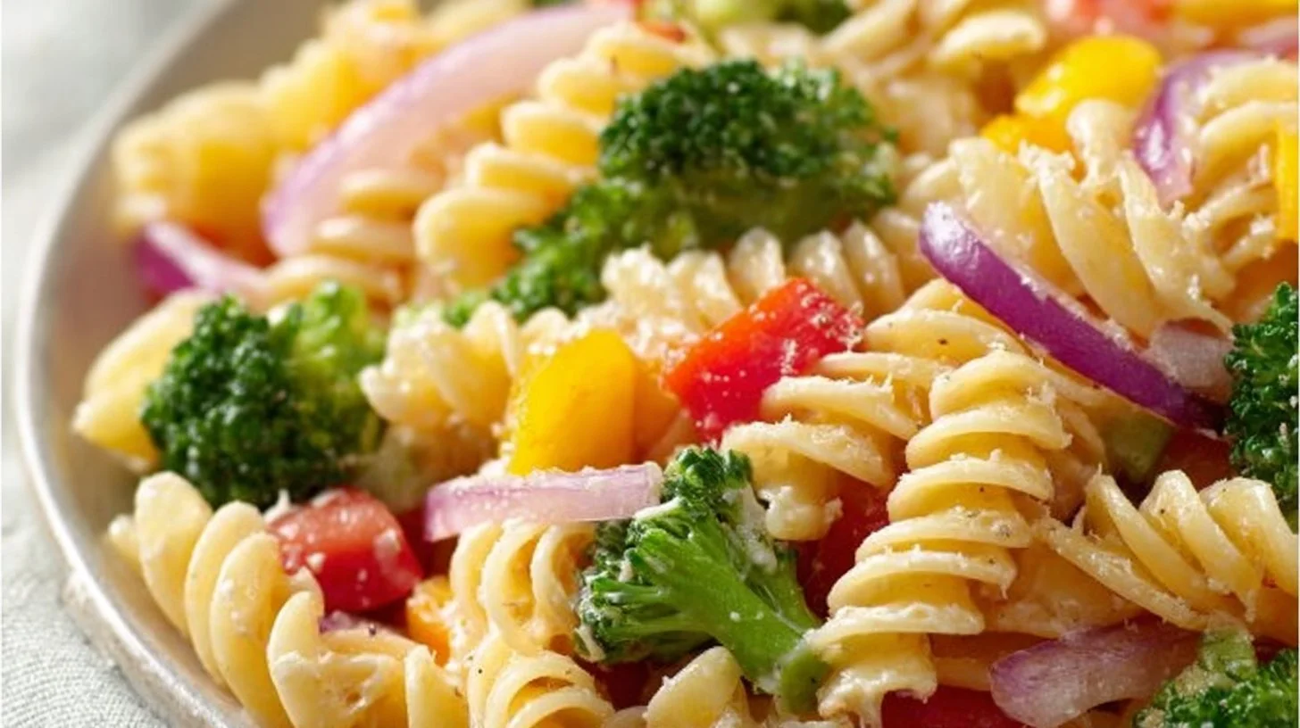 Easy cold pasta salad recipe with fresh vegetables and dressing