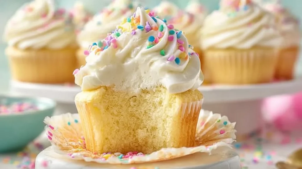 Easy homemade vanilla cupcakes decorated with frosting and sprinkles