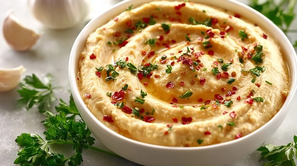 Bowl of easy hummus without tahini, garnished with olive oil and spices.