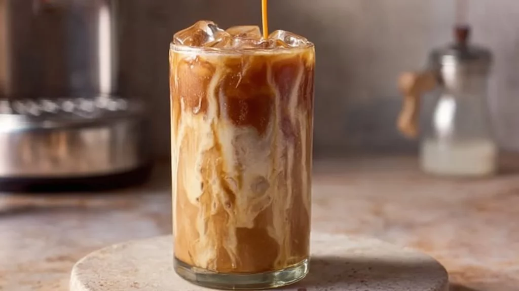 A refreshing glass of easy iced caramel coffee with whipped cream topping.