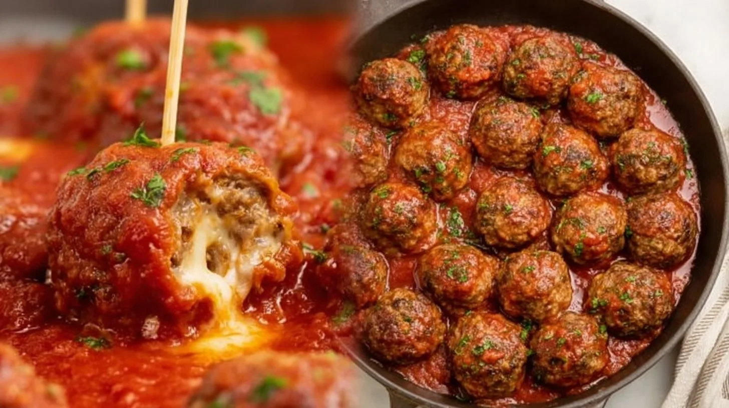 Delicious mozzarella stuffed meatballs served with marinara sauce