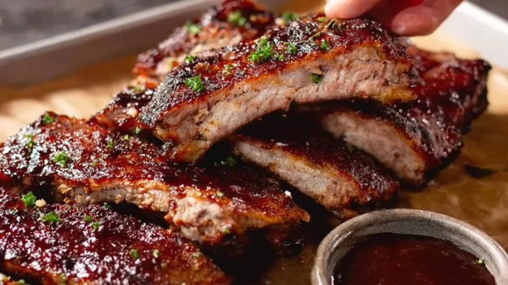 Oven baked baby back ribs with a flavorful glaze and barbecue sauce