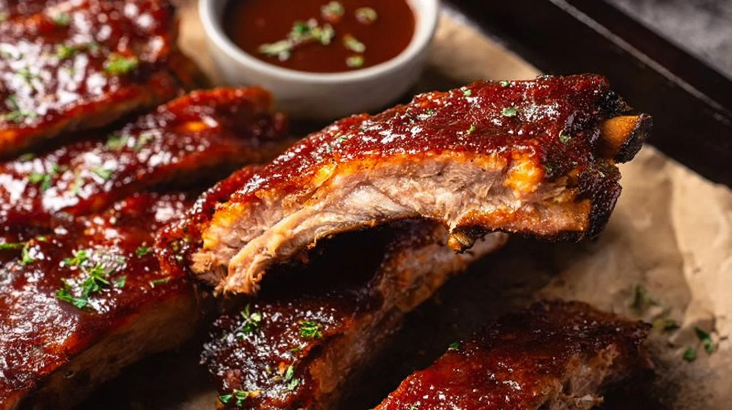 Oven baked baby back ribs with barbecue sauce on a serving platter