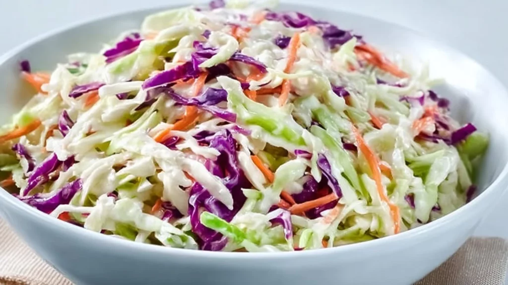 Bowl of easy Southern coleslaw with fresh vegetables and creamy dressing