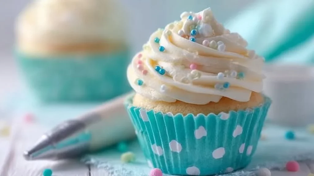 Delicious easy vanilla cupcakes displayed on a festive table.