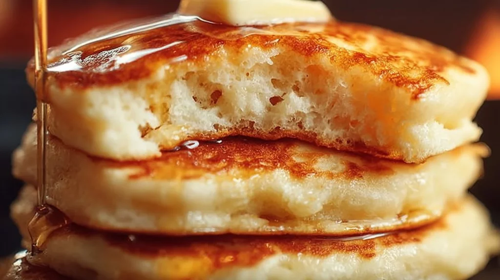 Stack of the fluffiest pancakes topped with syrup and berries