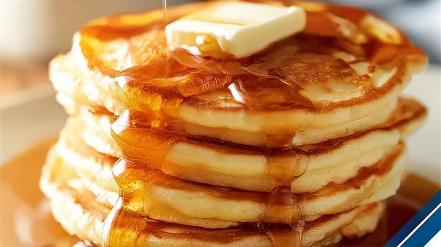 Fluffy buttermilk pancakes stacked on a plate with syrup and berries