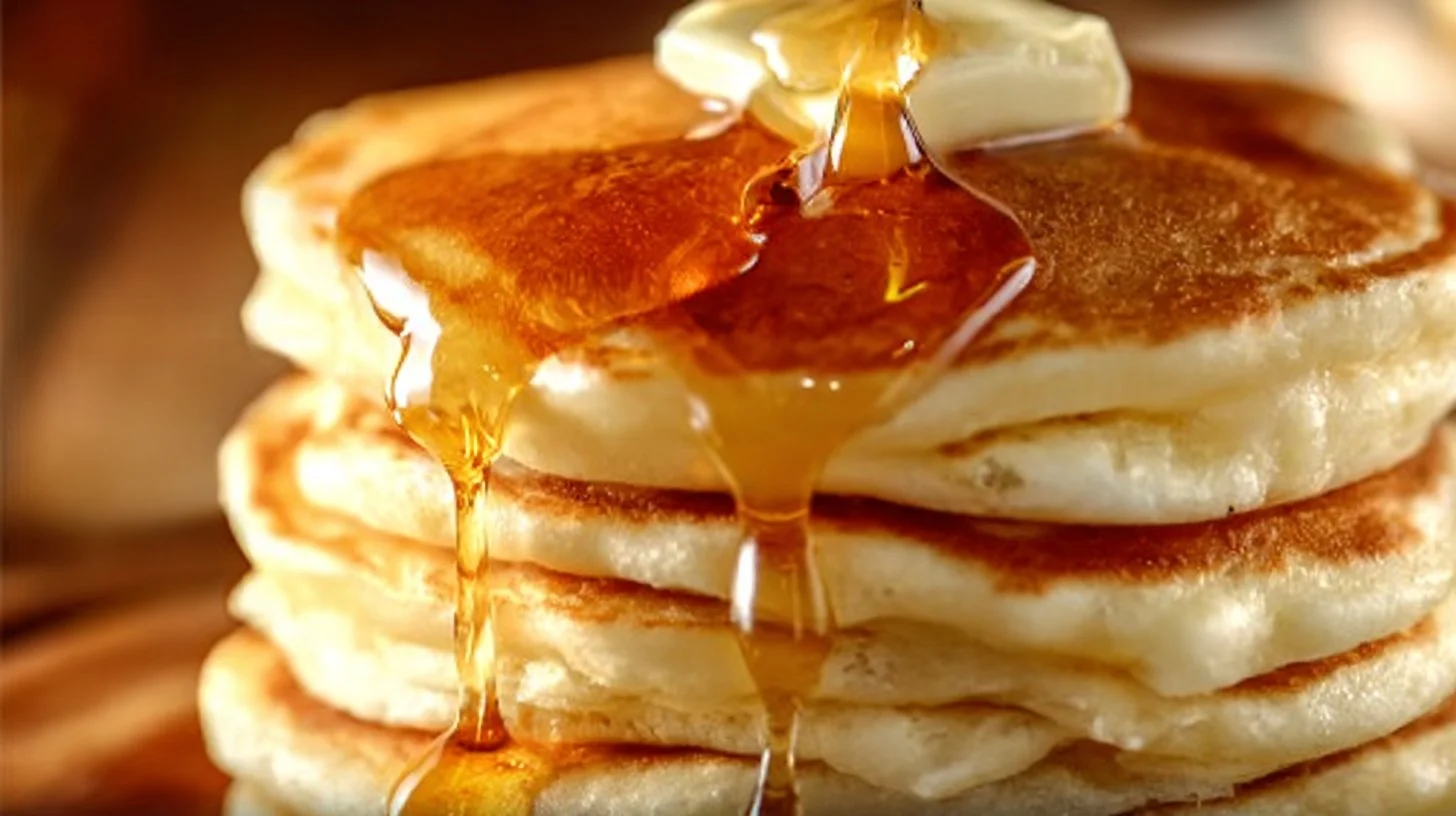 Fluffy homemade pancakes stacked on a plate with syrup and berries