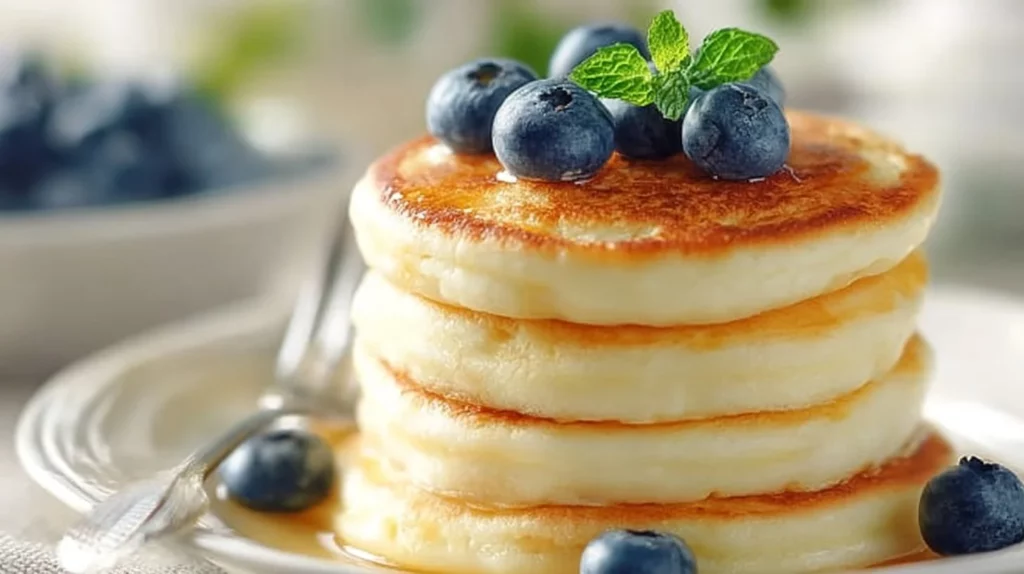 Stack of fluffy pancakes topped with syrup and berries