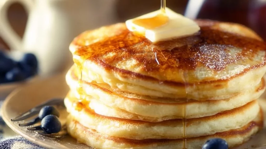 Fluffy ricotta pancakes stacked and served with syrup and berries