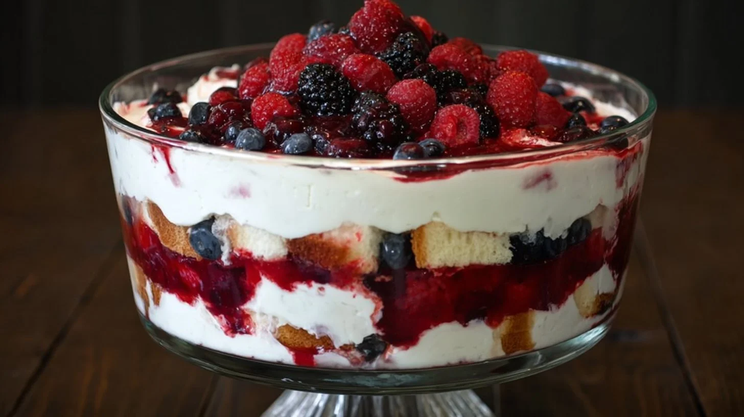 Fresh Berry Trifle dessert with layers of berries, cream, and cake