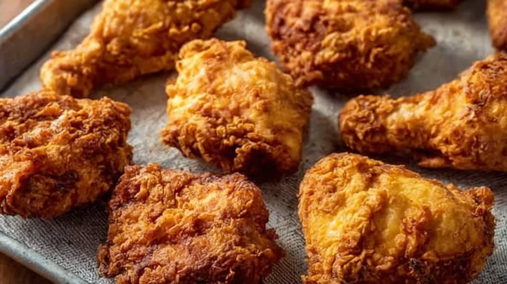 Deliciously crispy fried chicken served with sides