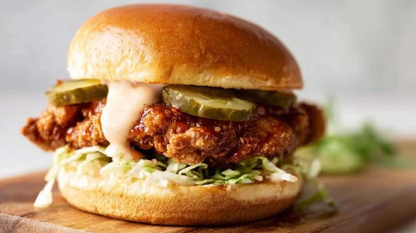 Crispy fried chicken sandwich with fresh toppings and condiments