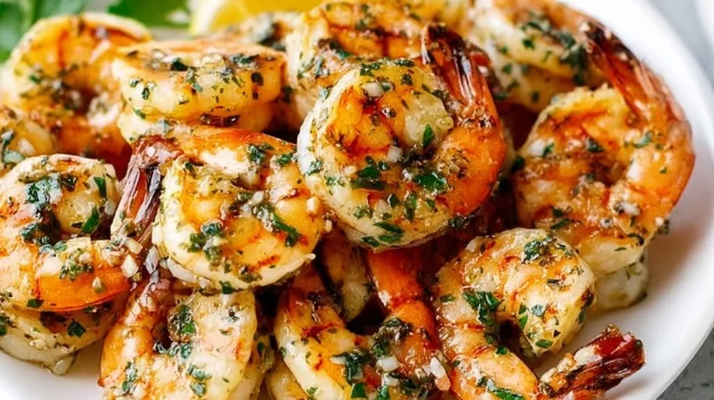 Delicious garlic grilled shrimp skewers on a wooden platter