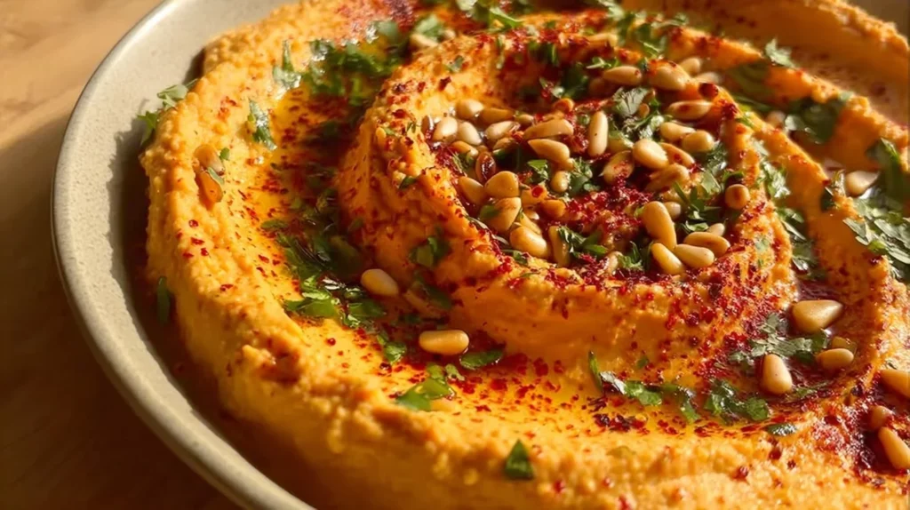 Bowl of Garlic Red Pepper Hummus served with fresh vegetable sticks