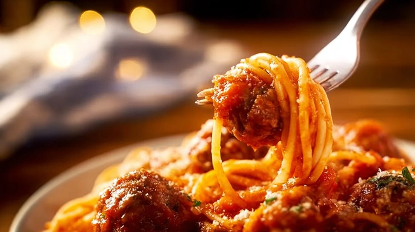 Juicy garlicky meatballs served with a rich, savory sauce over pasta