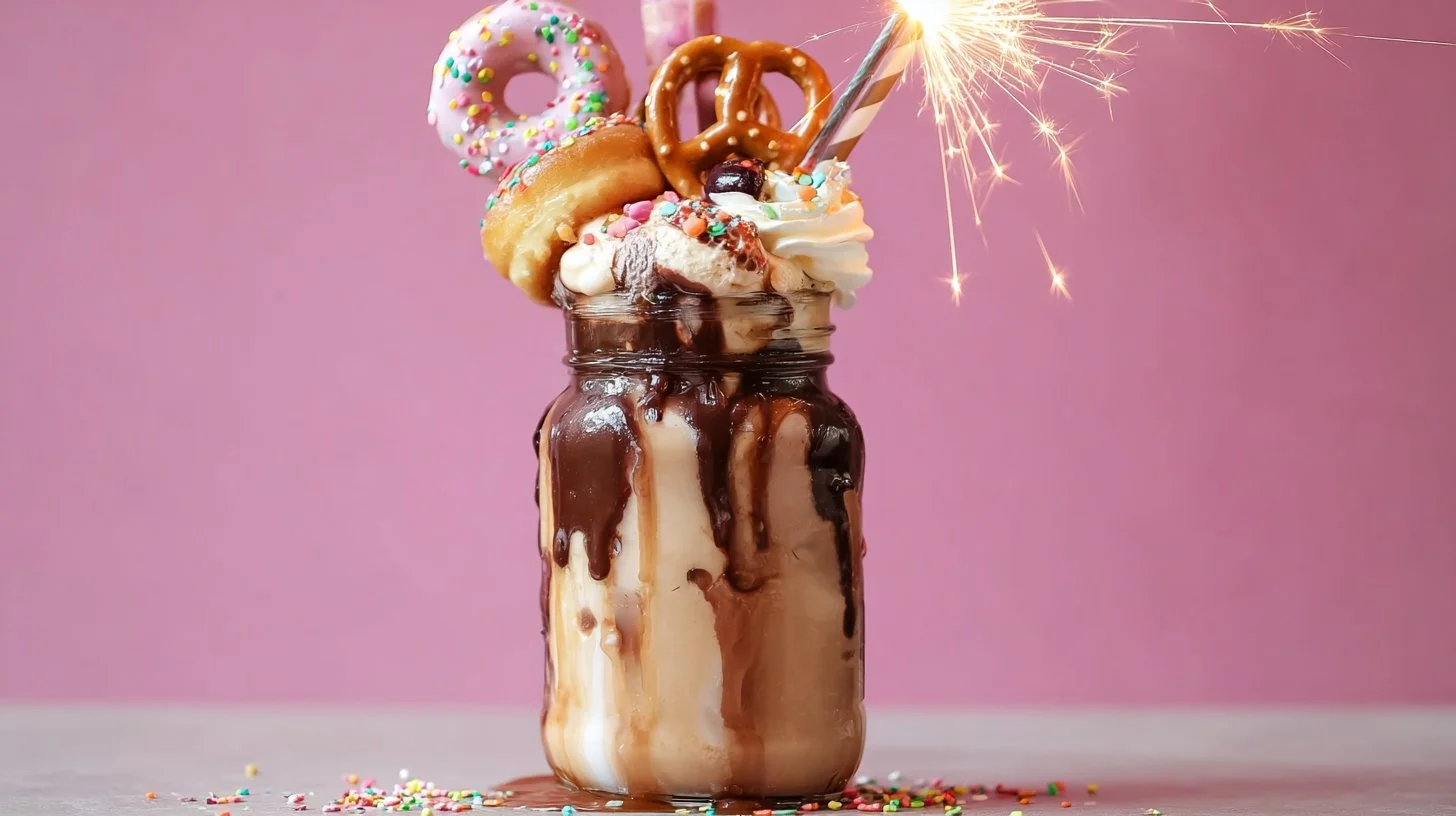 Delicious and colorful freak shake topped with sweets and whipped cream