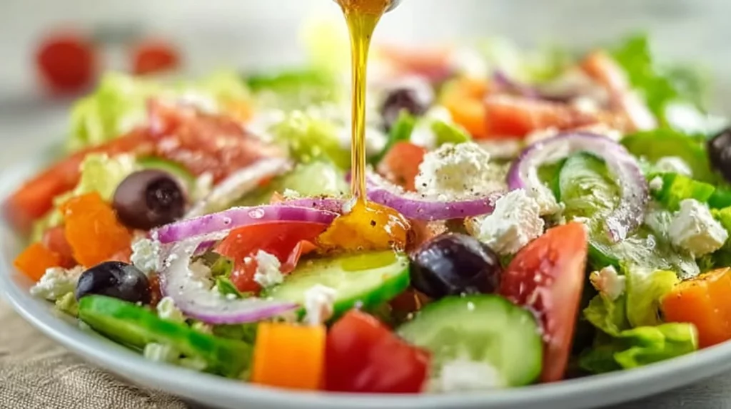Delicious Greek Salad Dressing made with olive oil, lemon, and herbs