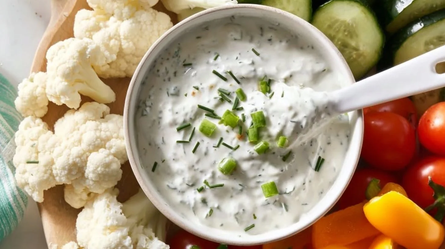 Creamy Greek Yogurt Ranch Dip in a bowl with fresh herbs and vegetables