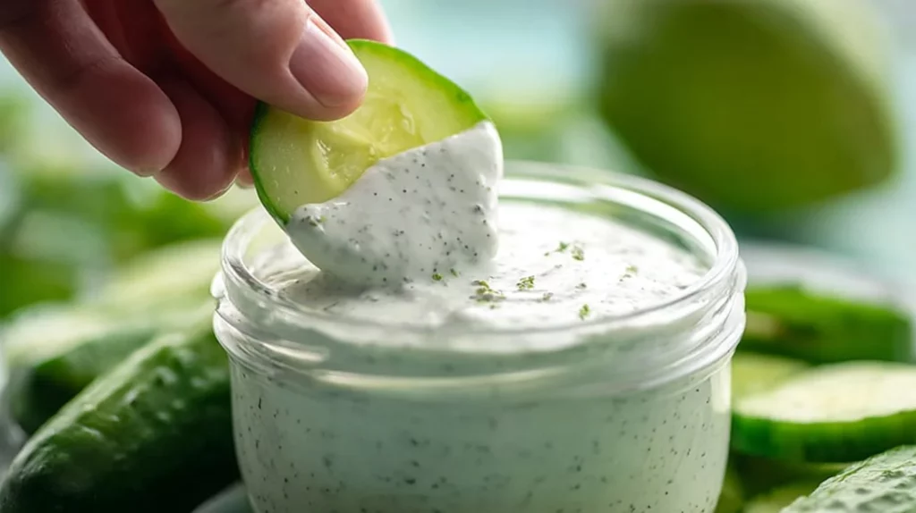 Bowl of Greek yogurt ranch dressing with fresh herbs and spices