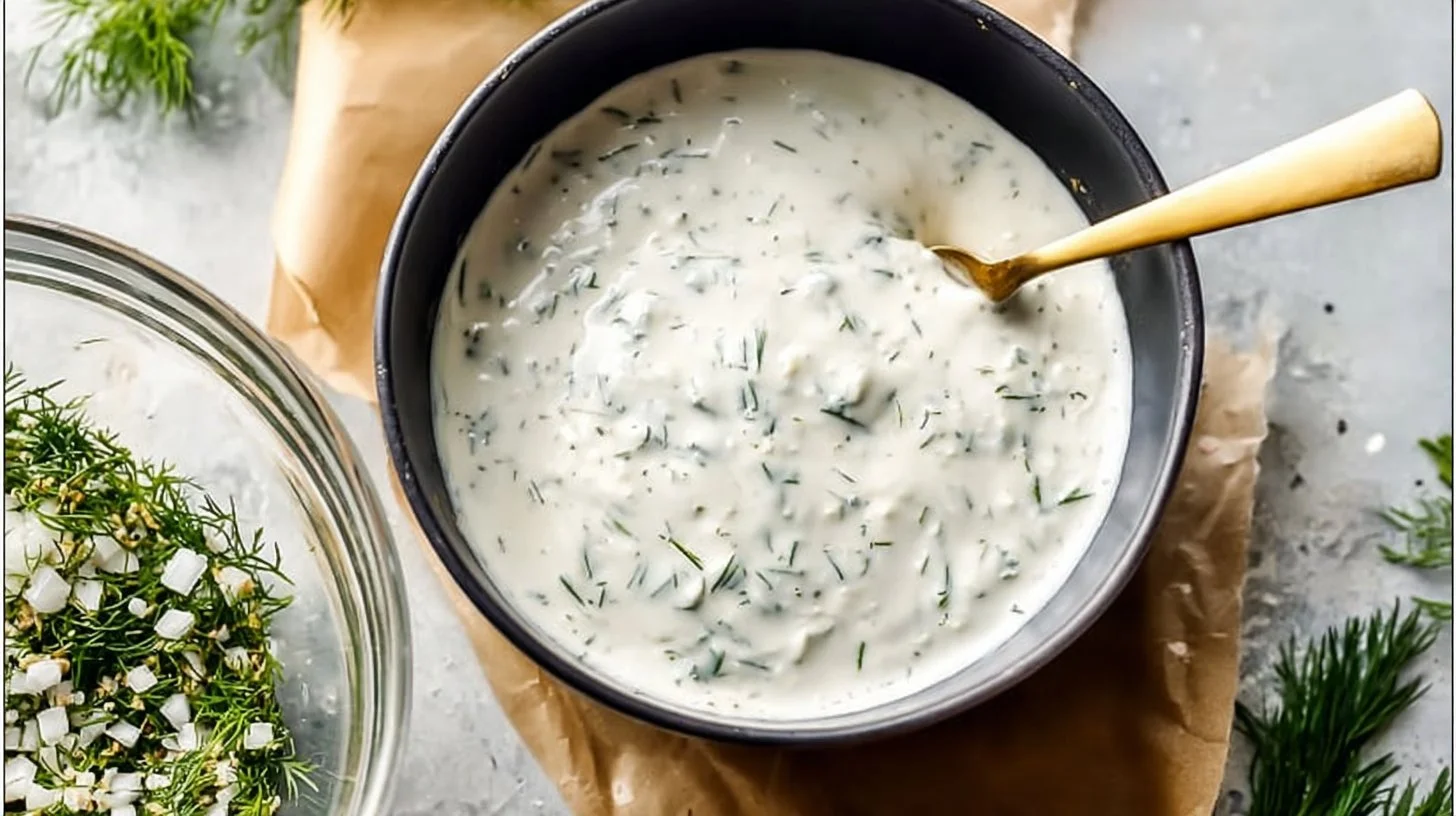 Homemade Greek yogurt ranch dressing in a bowl, garnished with herbs.