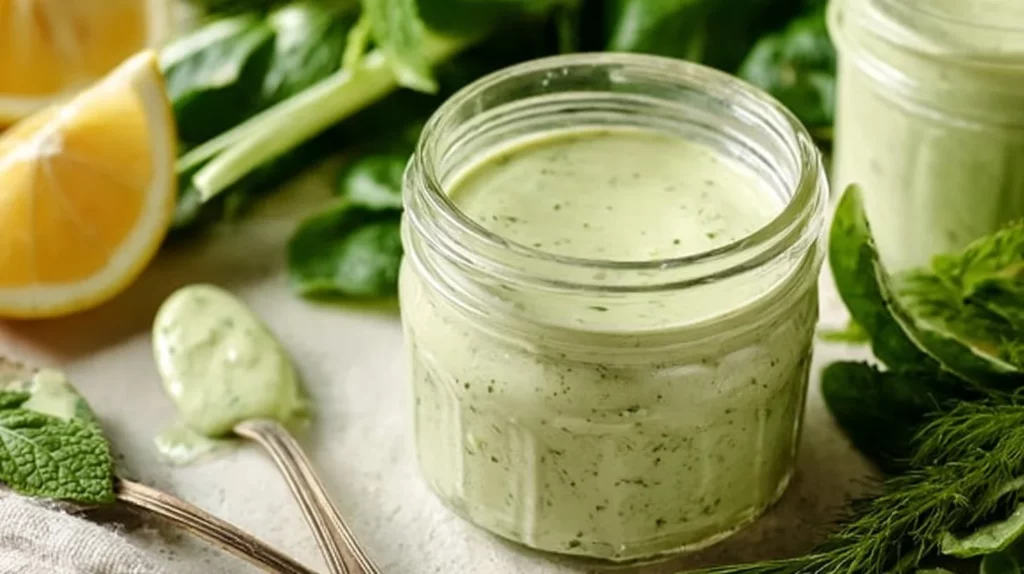 Homemade Green Goddess Dressing in a glass jar with fresh herbs