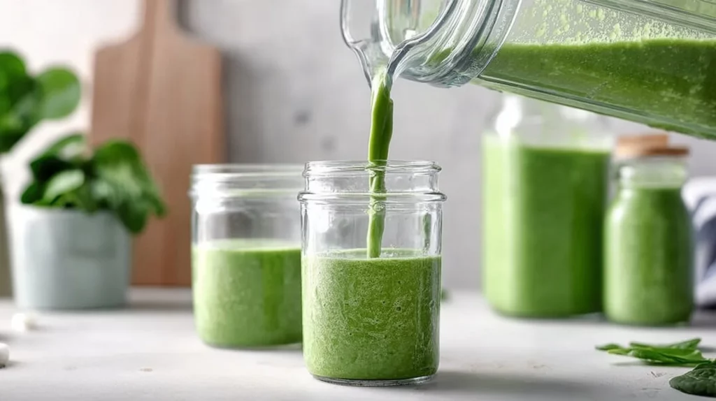 Healthy green smoothie made with spinach, banana, and almond milk