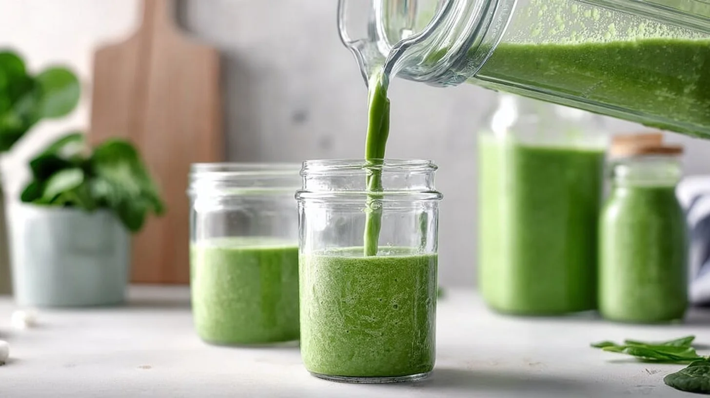 Healthy green smoothie made with spinach, banana, and almond milk
