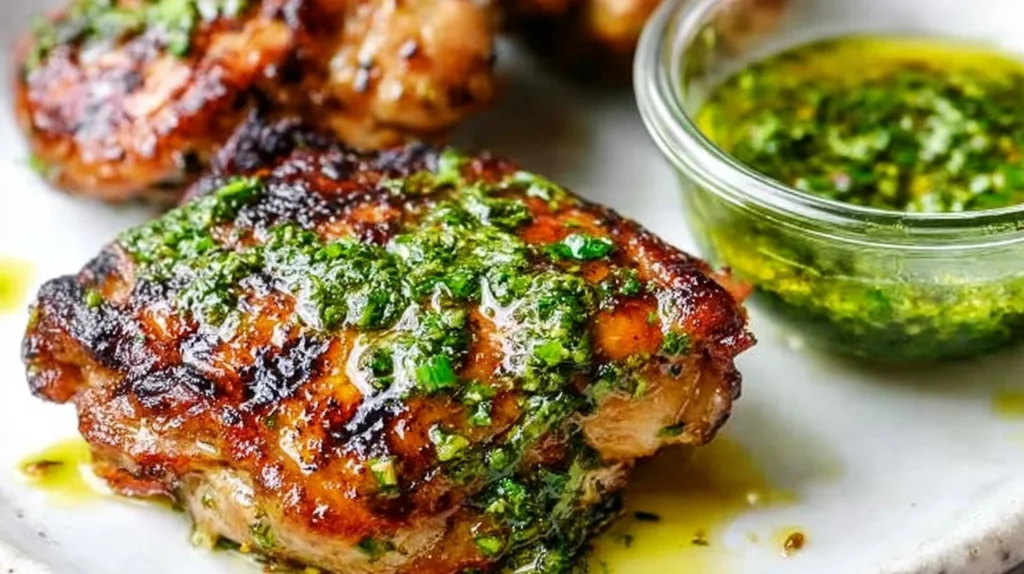 Grilled chimichurri chicken thighs garnished with fresh herbs.