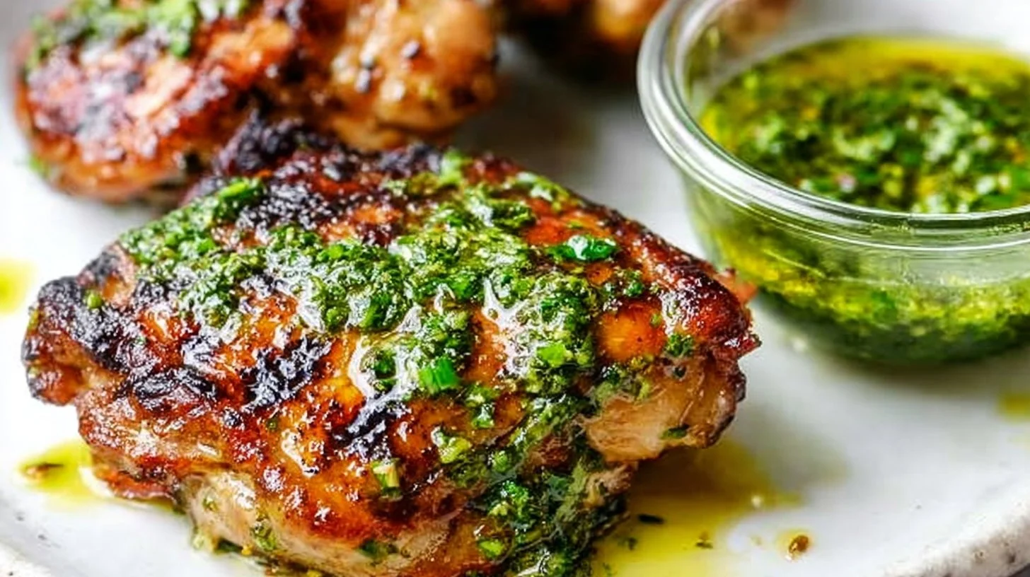 Grilled chimichurri chicken thighs garnished with fresh herbs.