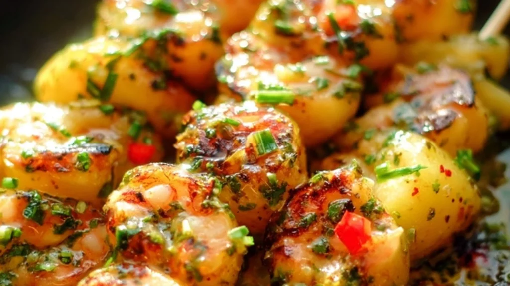 Grilled Coconut and Pineapple Sweet Chili Shrimp on a plate with garnish.
