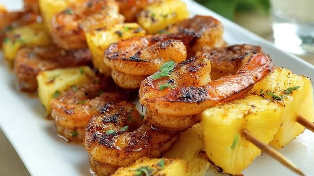 Delicious grilled jerk shrimp and pineapple skewers on a barbecue grill