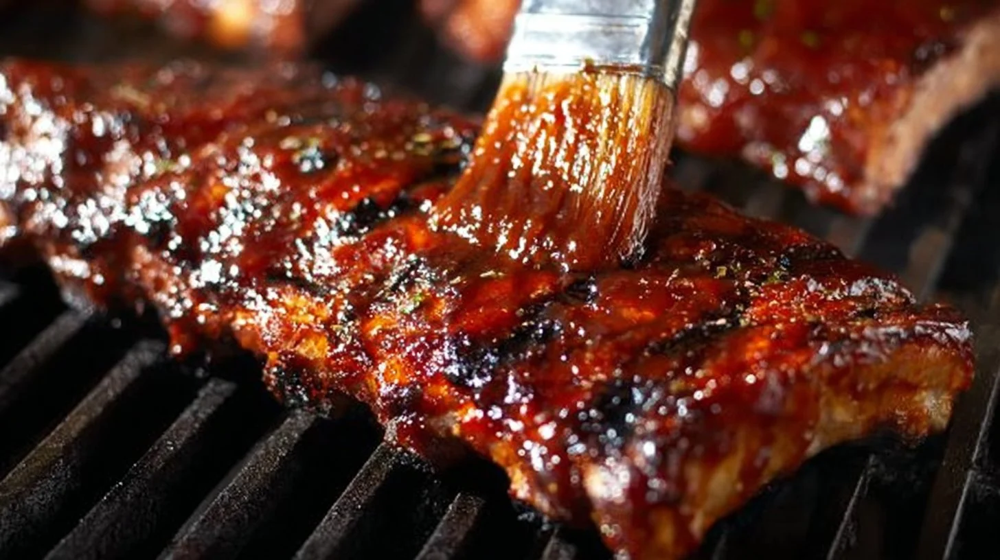 Delicious grilled ribs served with barbecue sauce and garnished with herbs