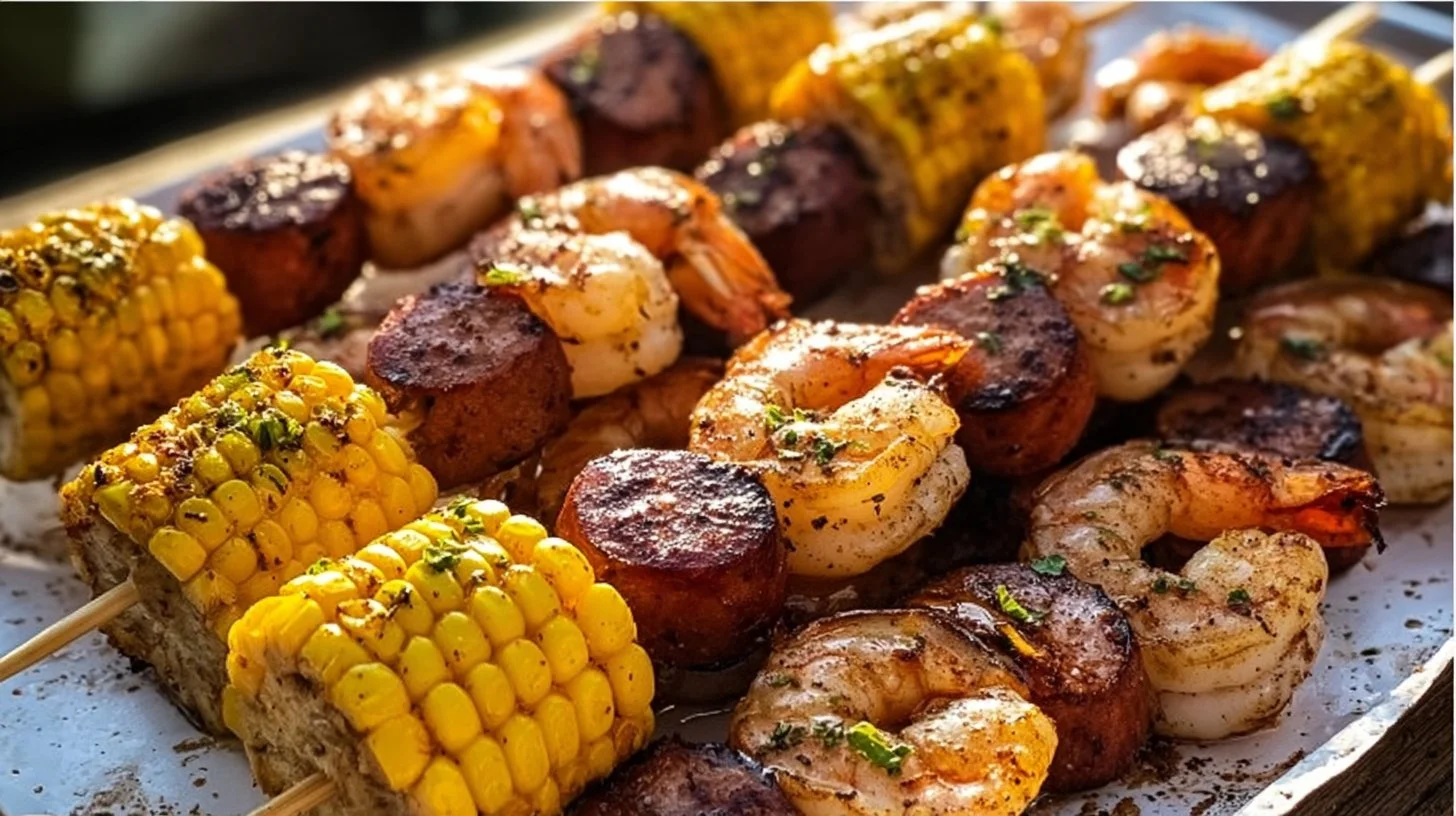 Delicious grilled seafood skewers with shrimp and vegetables on a barbecue grill.