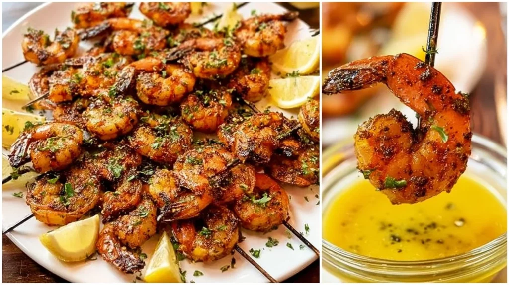 Grilled shrimp in lemon parsley butter served on a plate