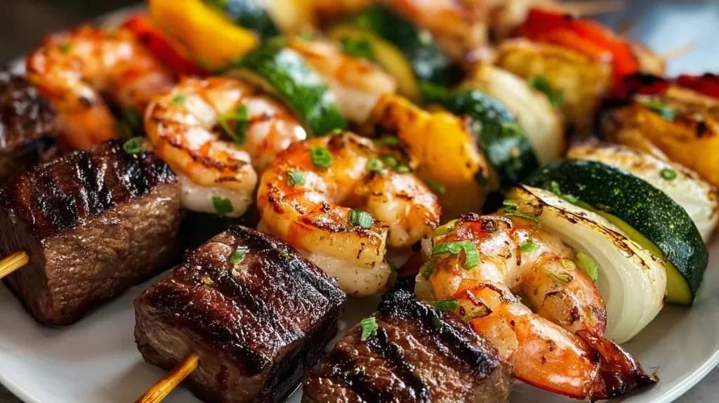 Grilled steak and shrimp kabobs served on skewers with colorful vegetables