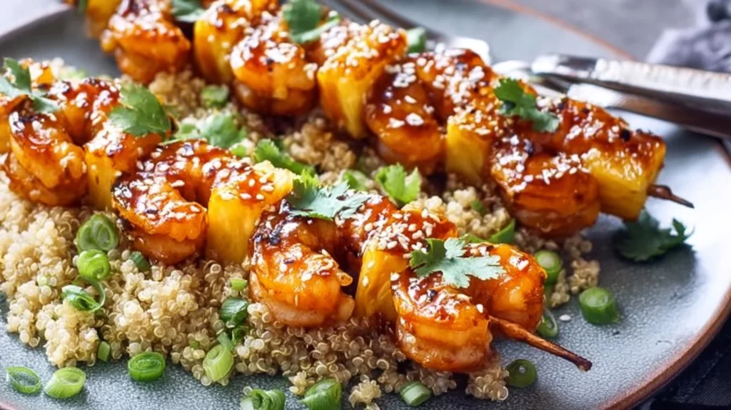 Grilled teriyaki shrimp and pineapple skewers on a platter