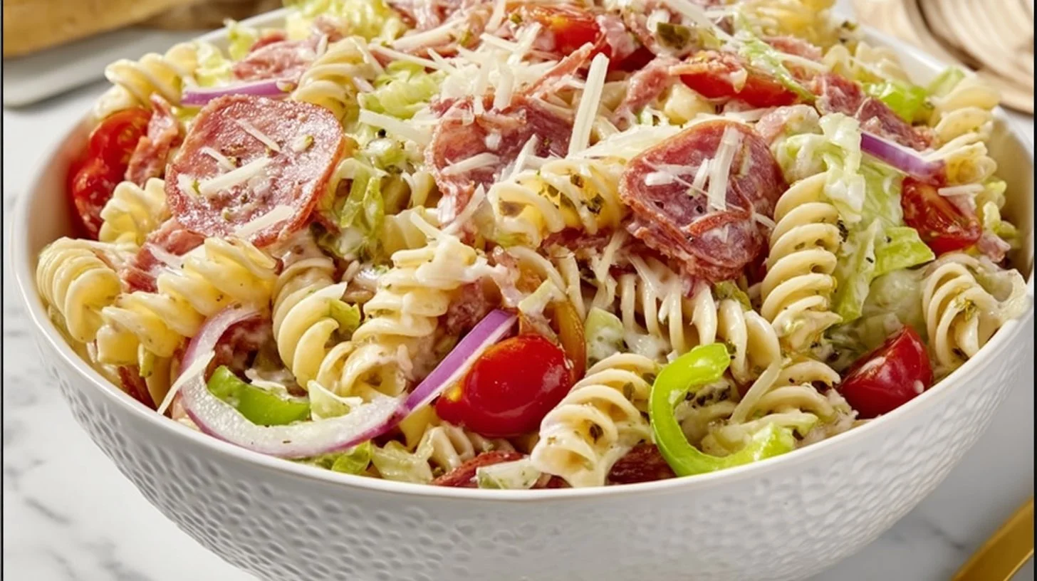 Colorful Grinder Pasta Salad with fresh ingredients and flavorful dressing.